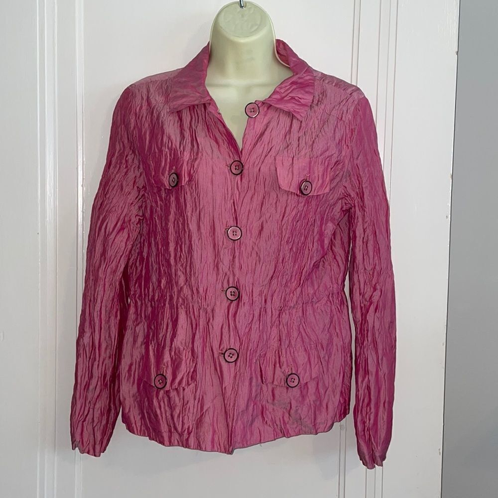Chico’s shimmery pink polyester/silk button front jacket